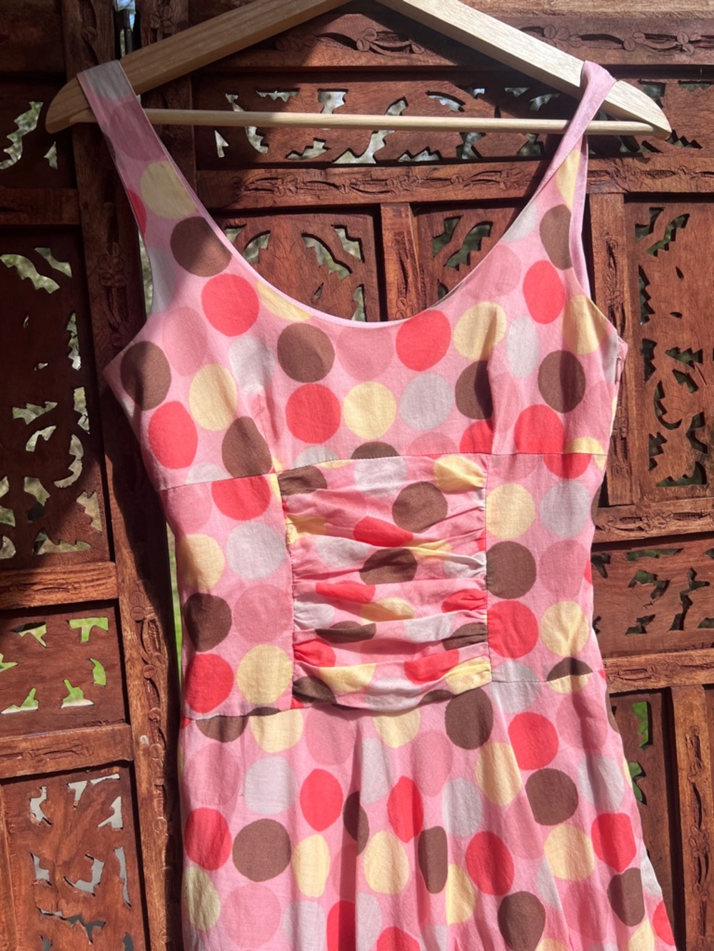 Elizabeth Wayman Asymmetrical Pink Polka Dot Dress - Sleeveless Ruched Bodice